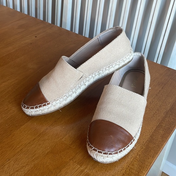 J. McLaughlin Cream Brown Canvas Leather Redding Cap Slip On Espadrille E385 - Picture 14 of 16